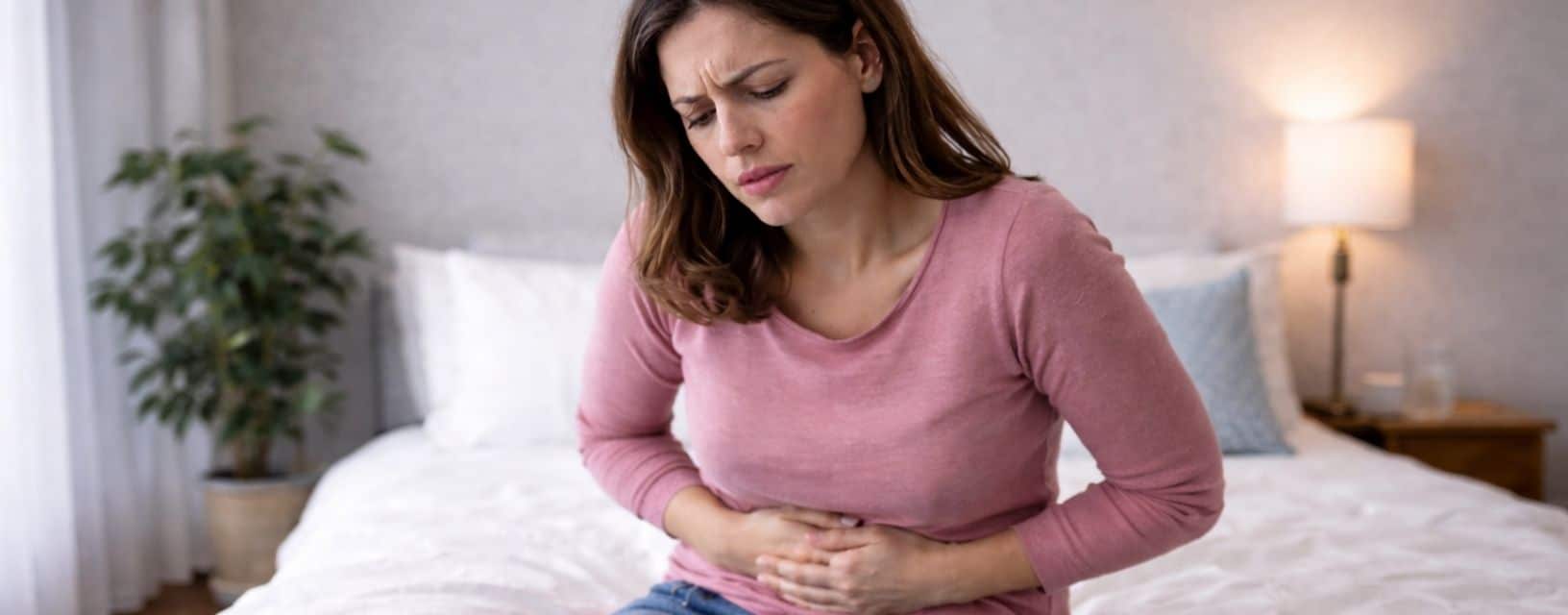 Mulher com dor abdominal e sinais de cistite sentada na cama
