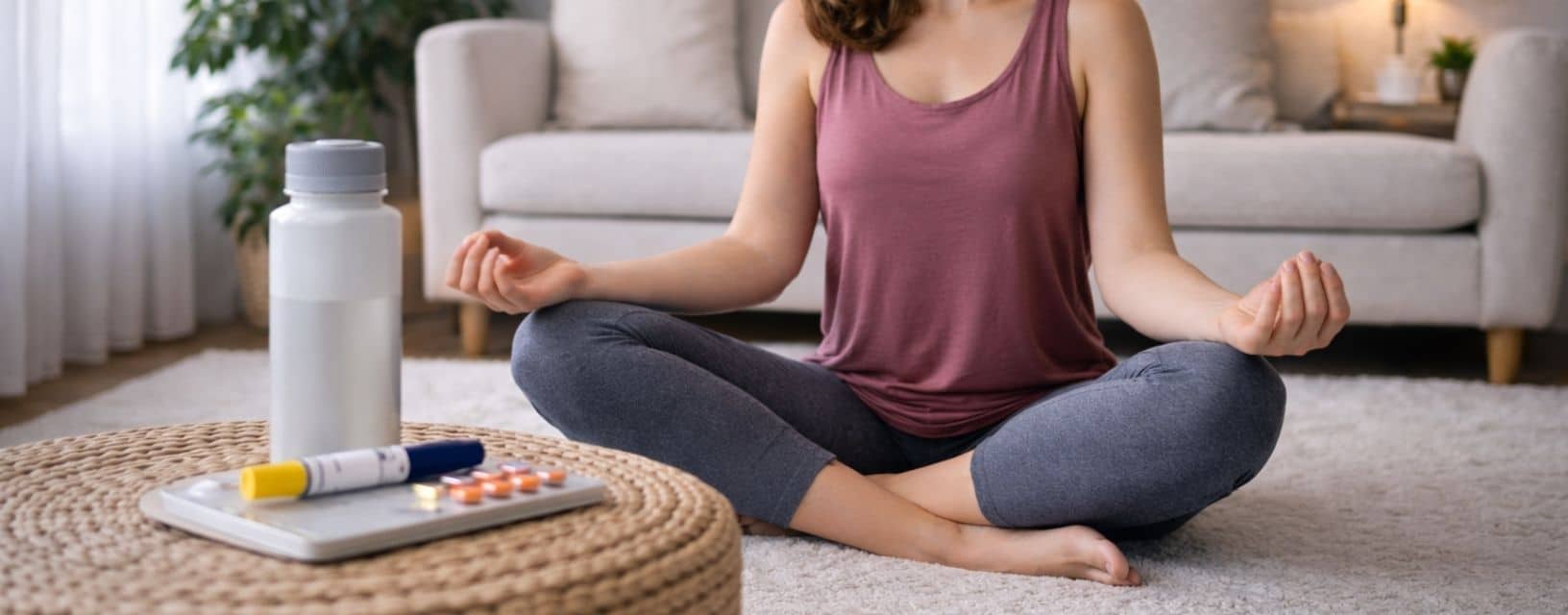 Mulher a meditar em casa com medicação e rotina de perda de peso