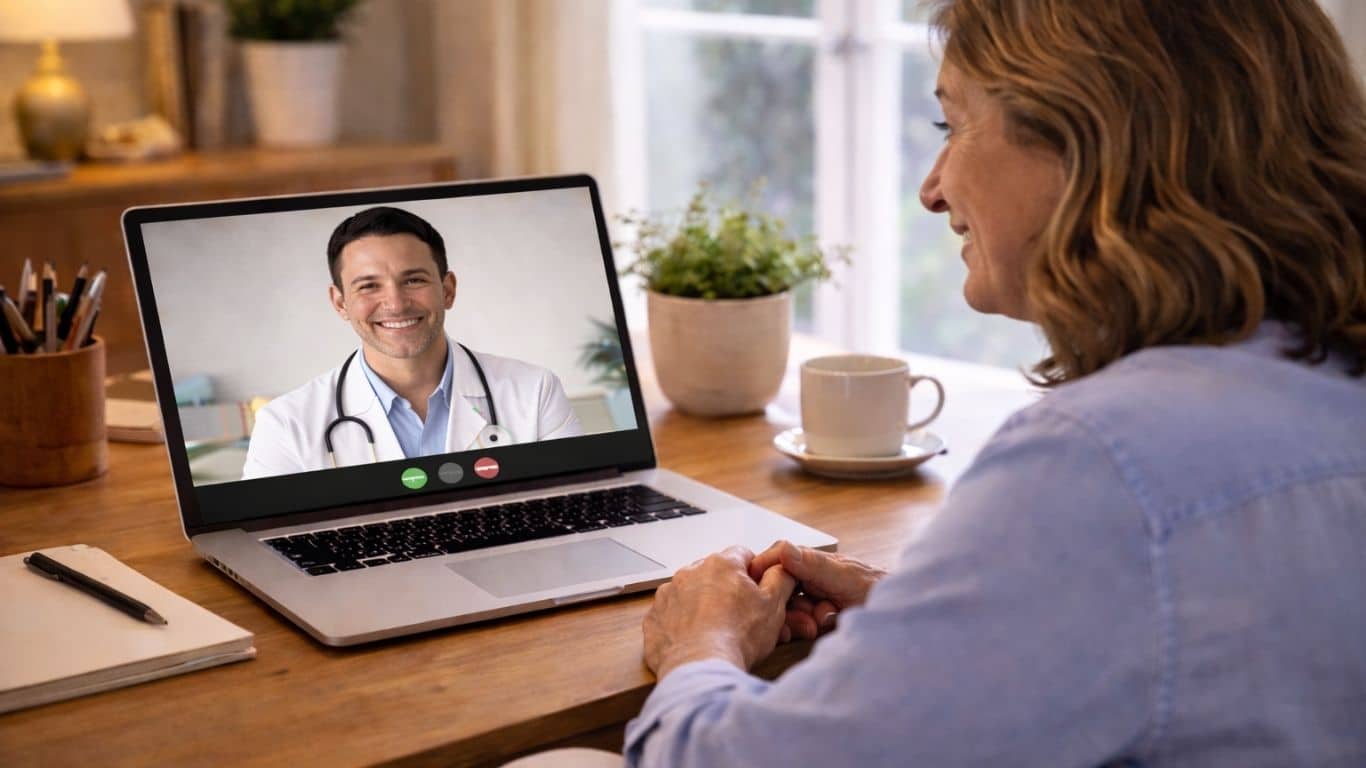 Mulher em teleconsulta médica para tratar infeção urinária