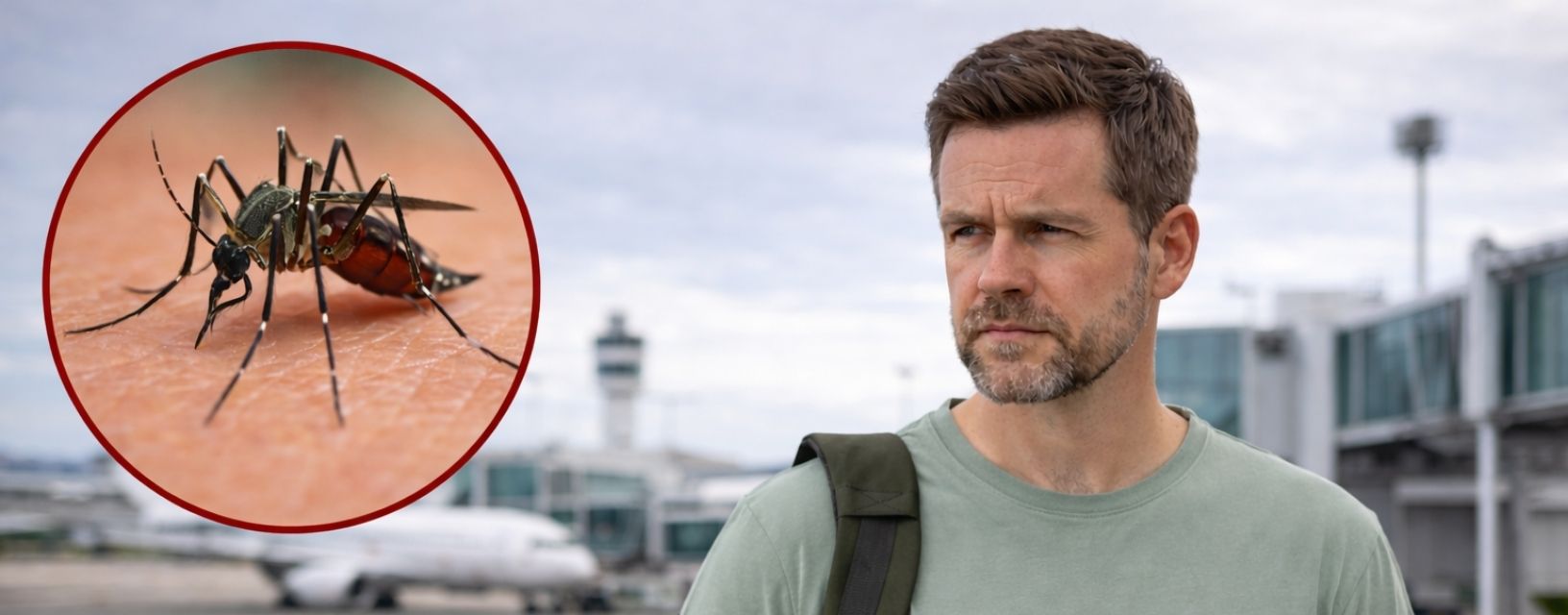 Homem em aeroporto com alerta para risco de dengue transmitida por mosquito