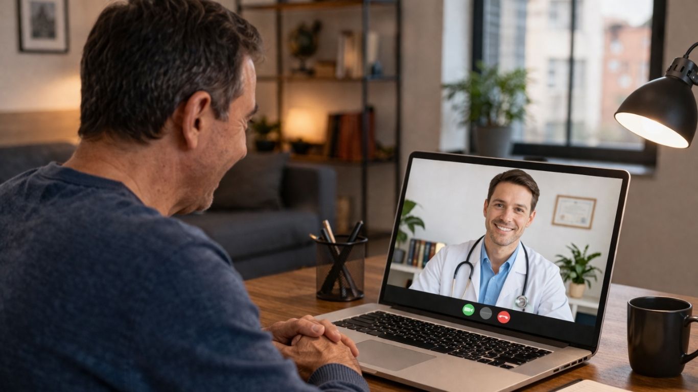 Homem idosos em teleconsulta médica