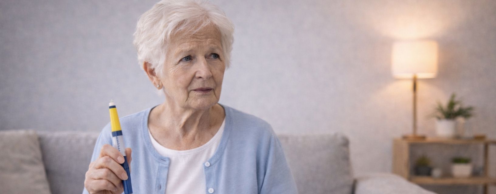 Idosa com dispositivo de medicação para tratamento