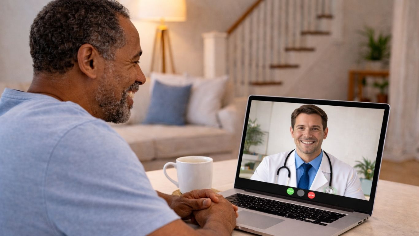 Homem em teleconsulta médica devido a sintomas de jet lag