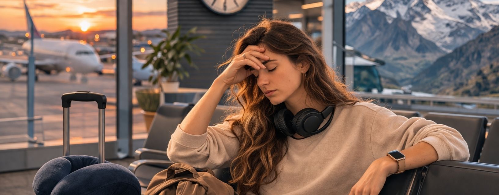 Mulher cansada no aeroporto com sintomas de jet lag