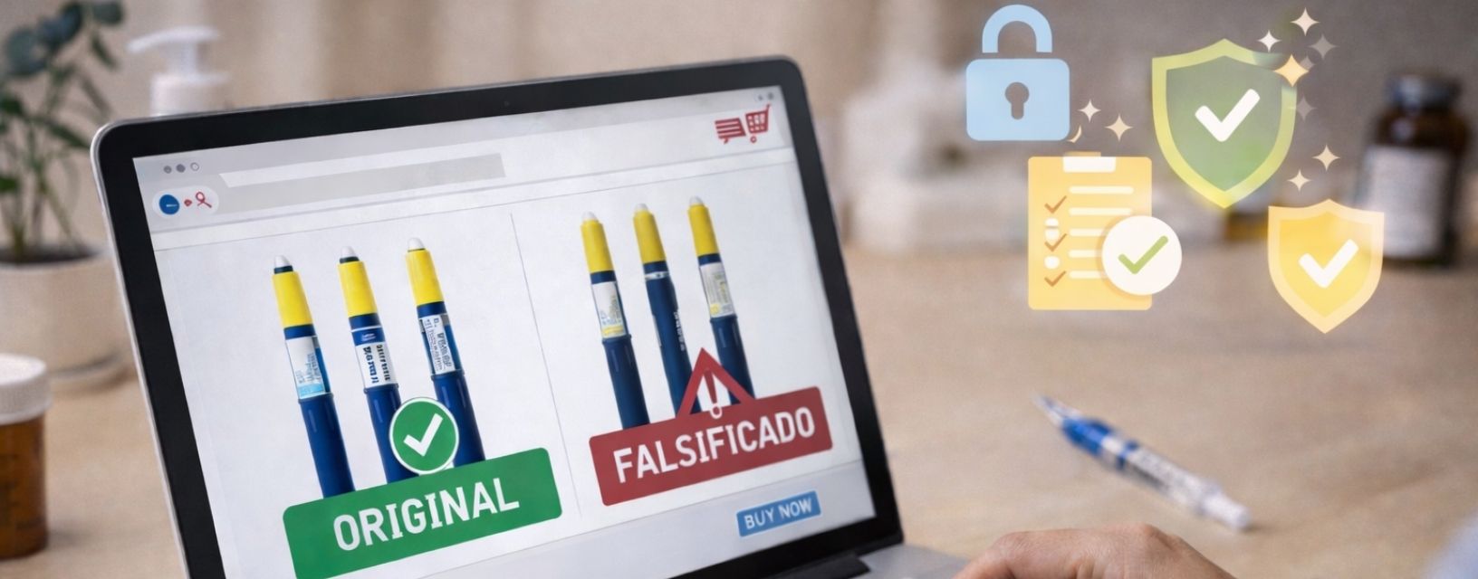 Pessoa a verificar autenticidade de medicamentos online entre original e falsificado