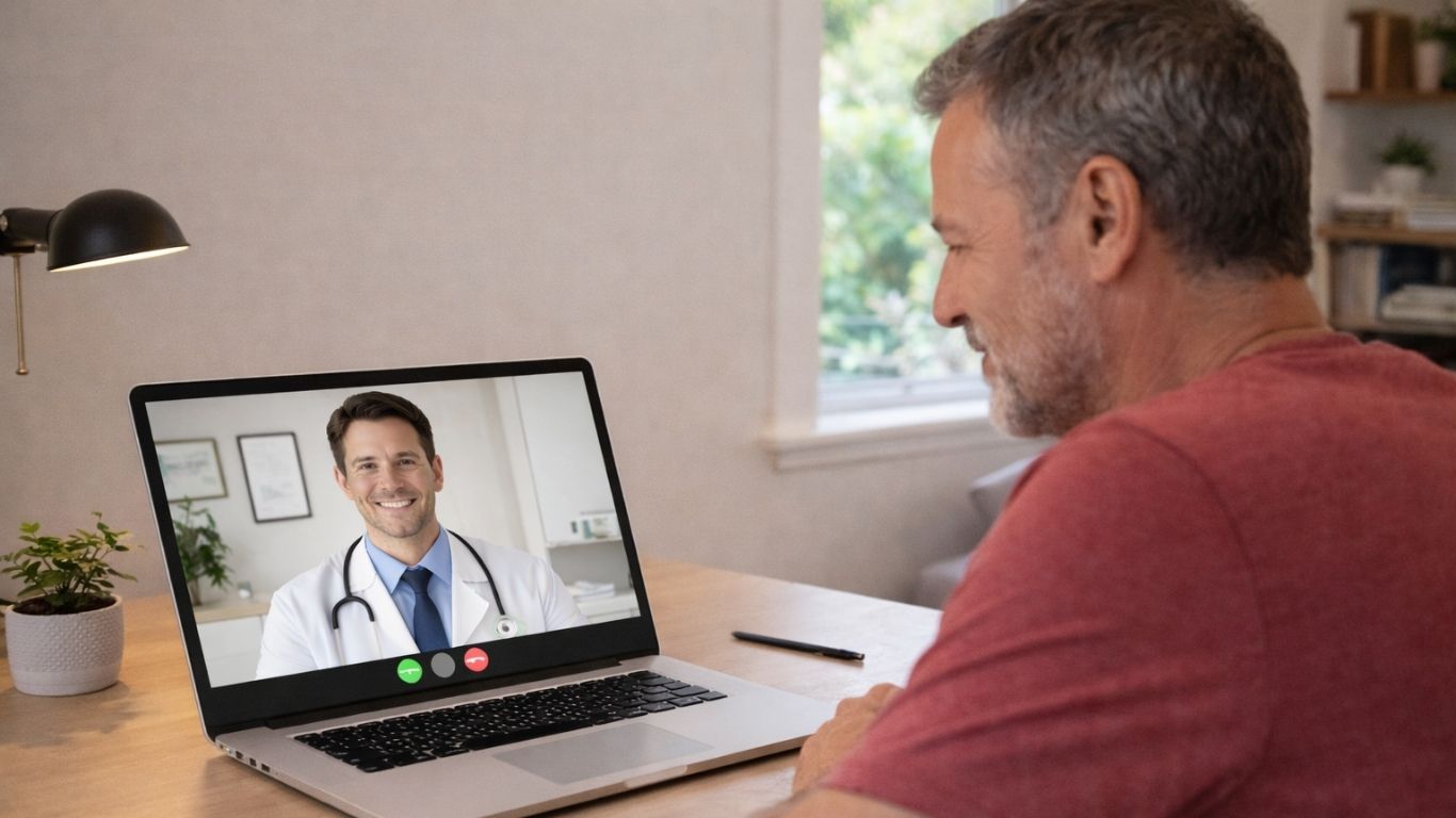 Homem em teleconsulta médica para esclarecimento sobre medicamentos