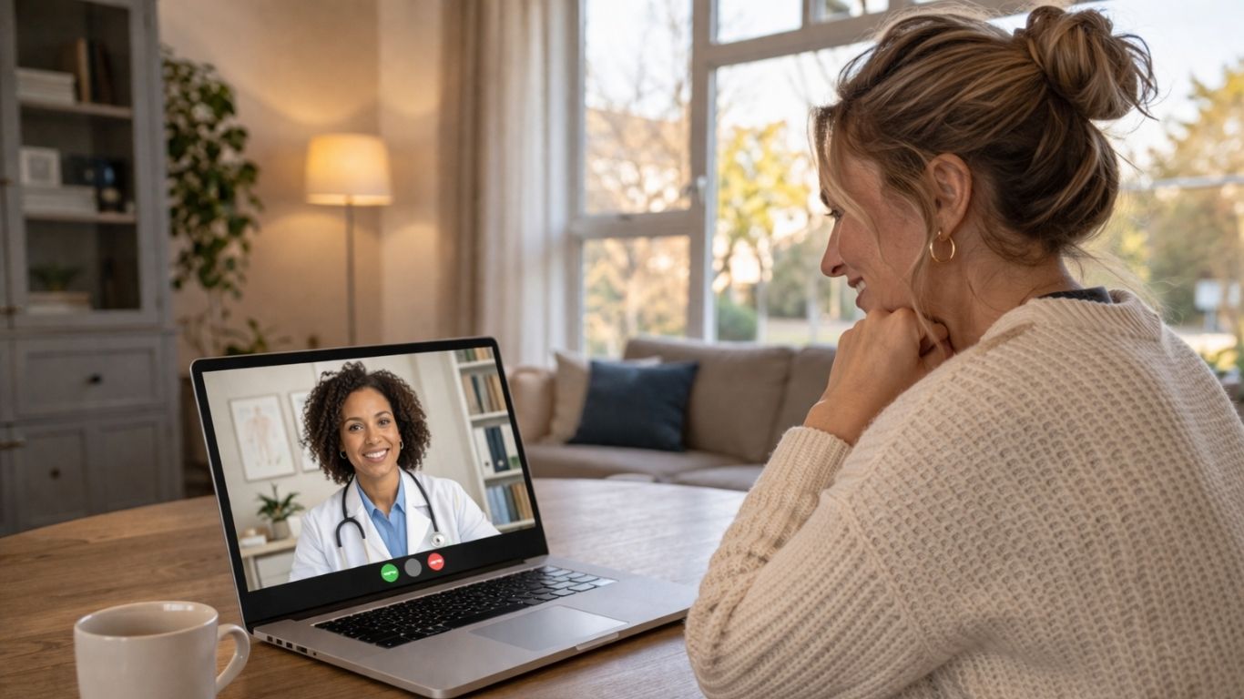 Mulher em teleconsulta para esclarecimento sobre pílula contracetiva