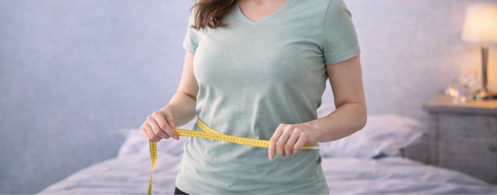Mulher a medir a cintura durante tratamento para controlo de peso e saúde metabólica