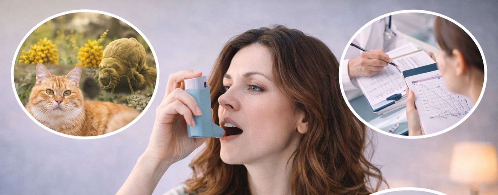 Mulher a utilizar inalador para controlo da asma alérgica com fatores desencadeantes e terapias