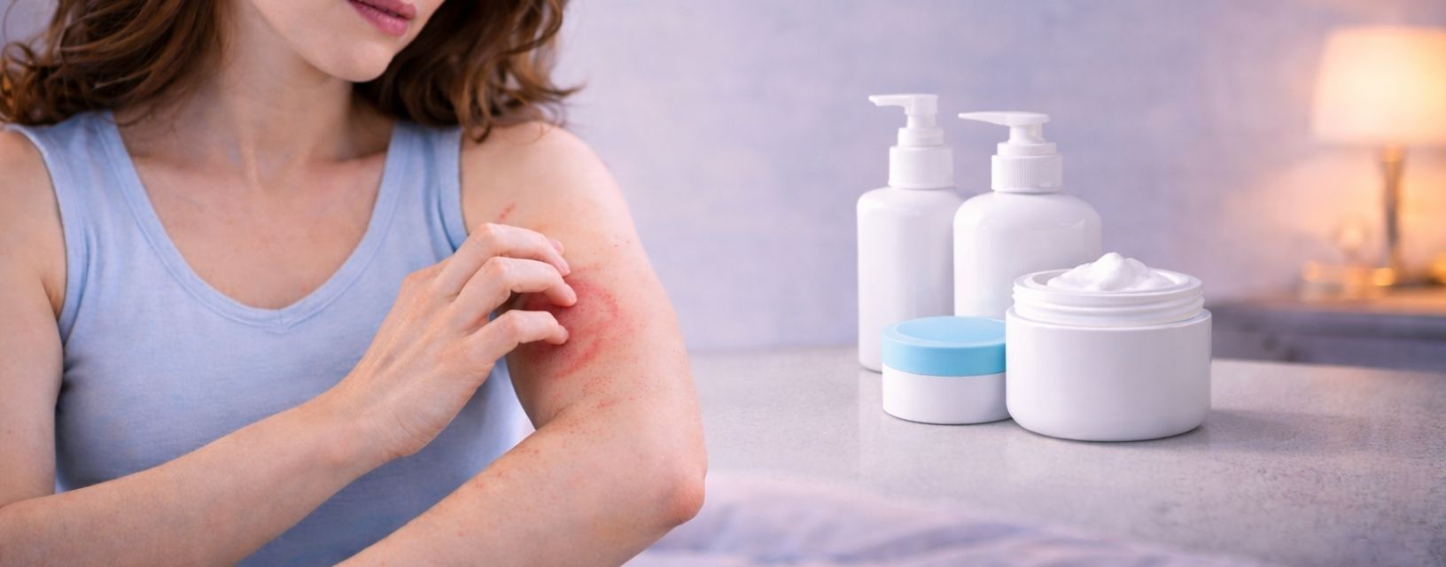 Mulher com dermatite atópica a coçar a pele irritada com produtos de cuidado dermatológico
