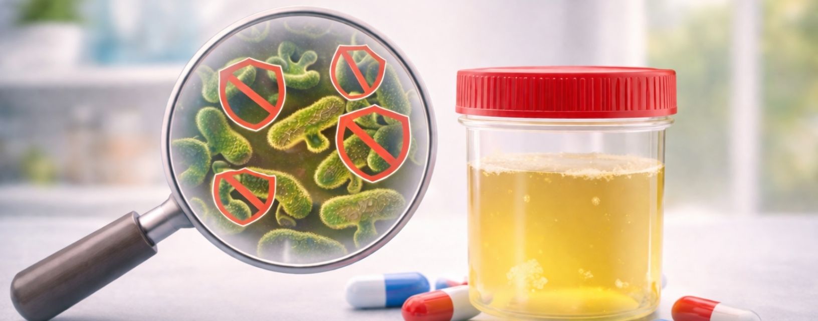 Amostra de urina com bactérias resistentes a antibióticos em destaque