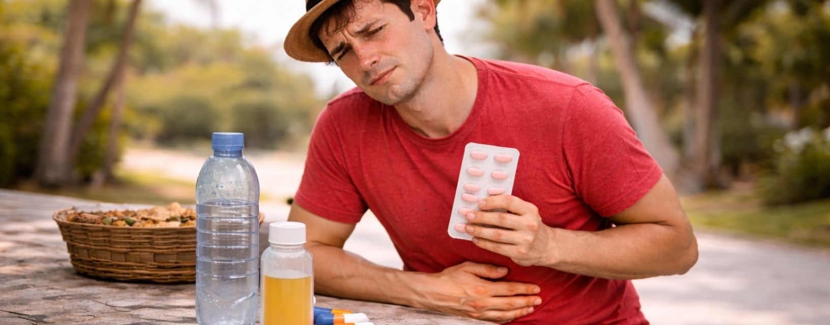Homem com dor abdominal e medicamentos durante viagem