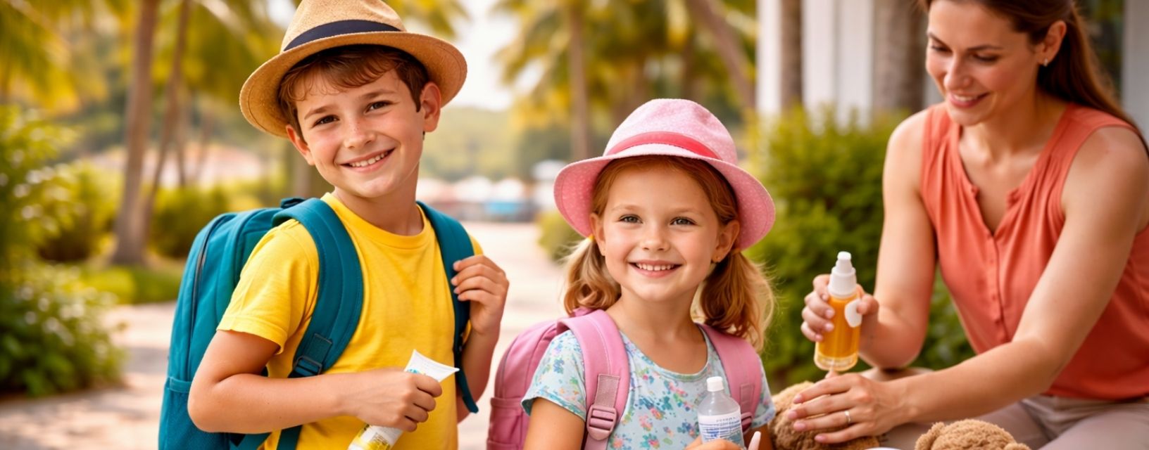 Crianças com mochila e kit de saúde durante viagem