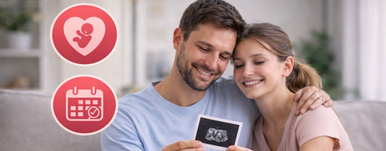 Casal feliz a olhar para ecografia representando planeamento familiar