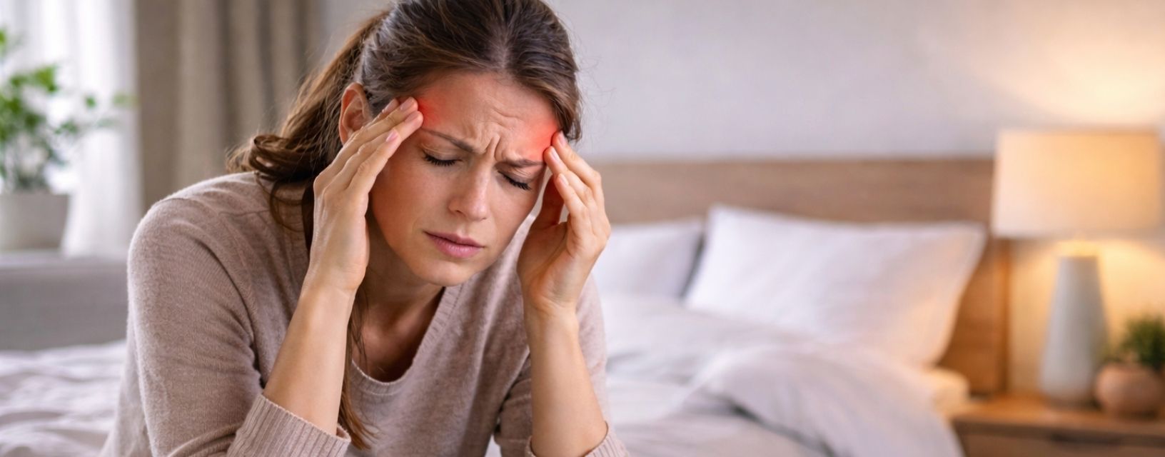 Mulher com dor intensa de cabeça associada a enxaqueca crónica