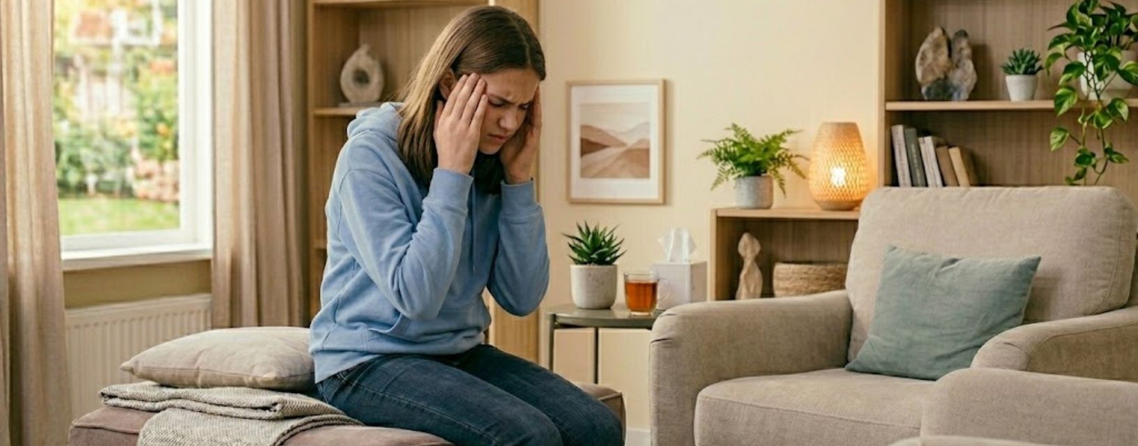 Criança com dor de cabeça sentada em casa