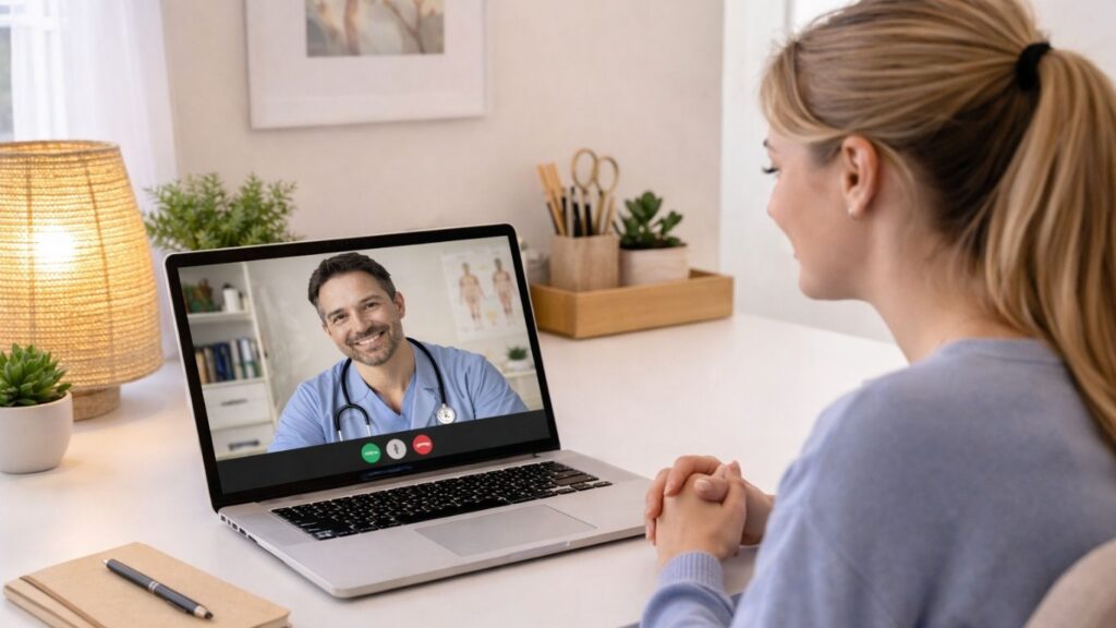 Mulher em consulta online para aconselhamento sobre a pílula