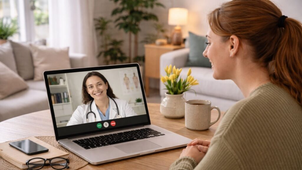 Mulher em consulta online para tratar enxaqueca