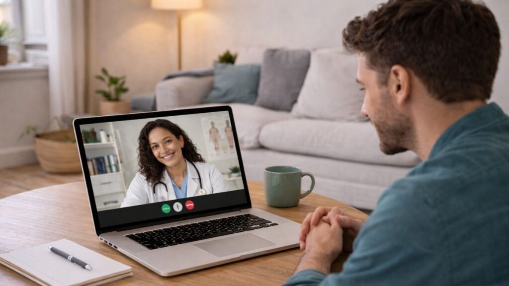 Homem em consulta online para tratamento da enxaqueca