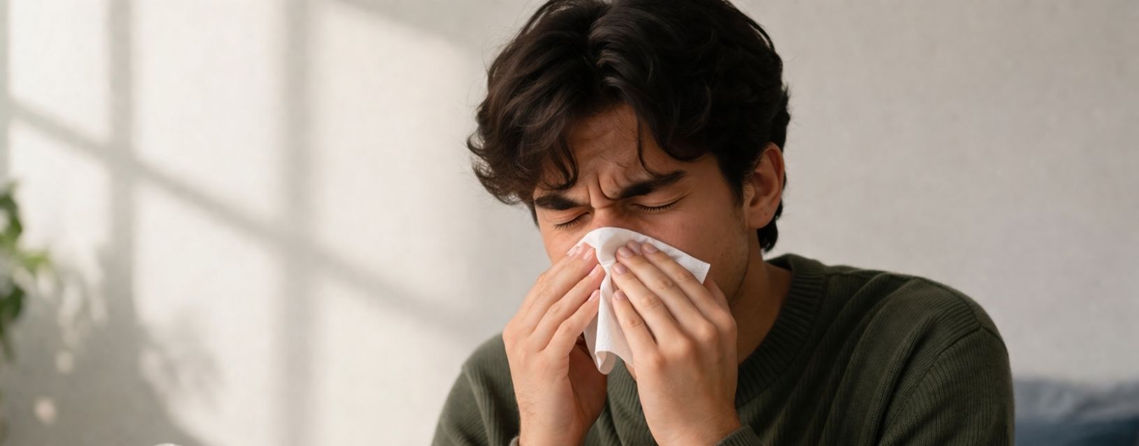 Pessoa a assoar o nariz com sintomas de rinite