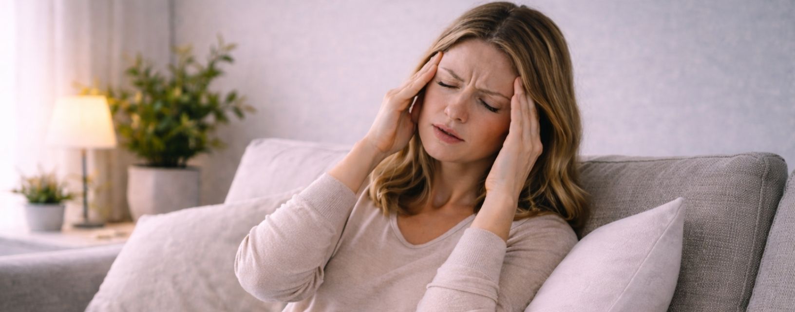 Mulher com dor intensa de enxaqueca na cabeça