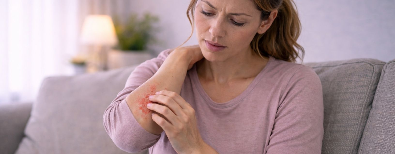 Mulher com irritação na pele causada por dermatite atópica no braço