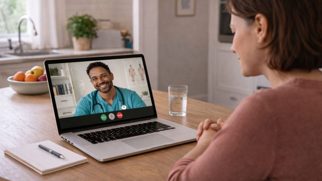 Mulher em consulta online para avaliação de alergia