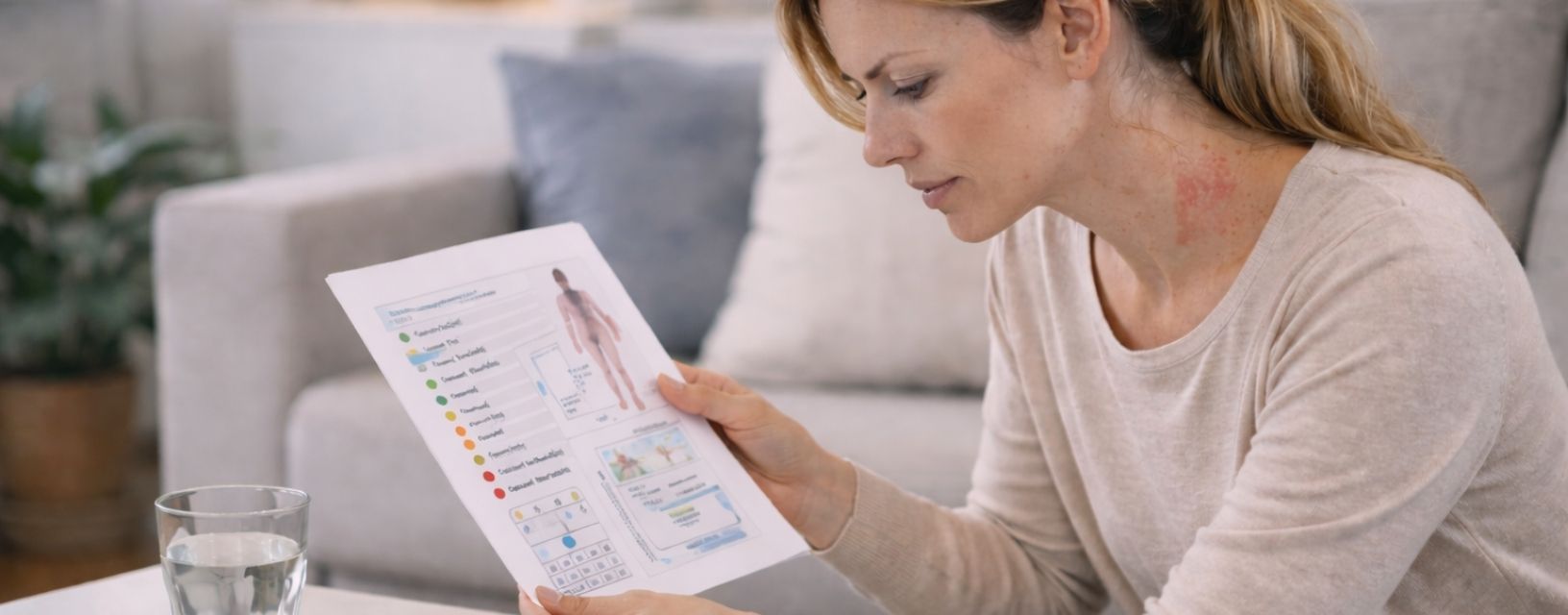 Mulher a analisar relatório médico com sinais de ITU e desconforto