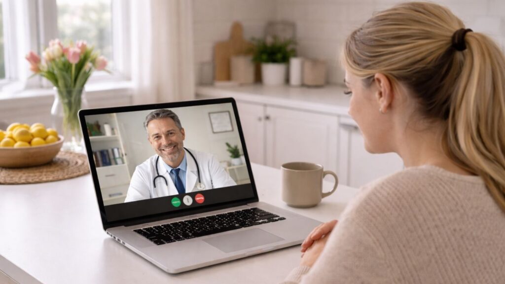 Mulher em consulta online com médico para aconselhamento antes de uma viagem