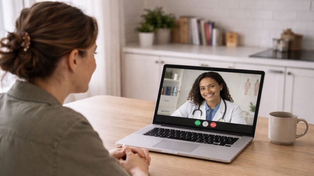 Mulher em consulta online para orientação sobre kit de saúde e medicação