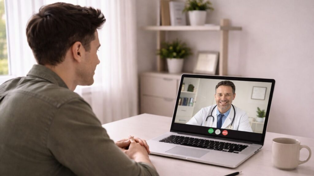 Homem em consulta online para avaliação de tratamento anti-CGRP