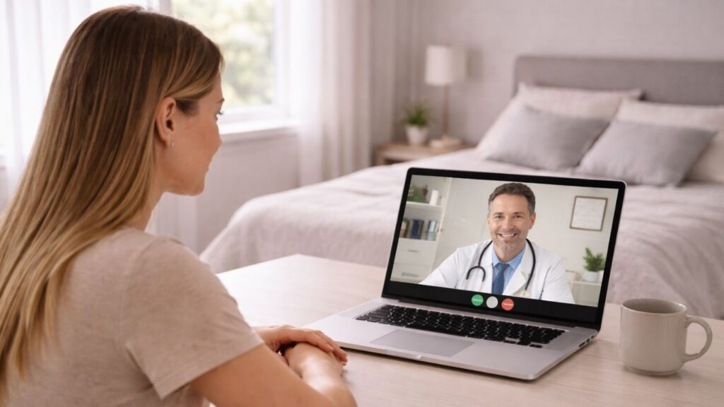 Mulher em consulta online para esclarecimento sobre a pílula