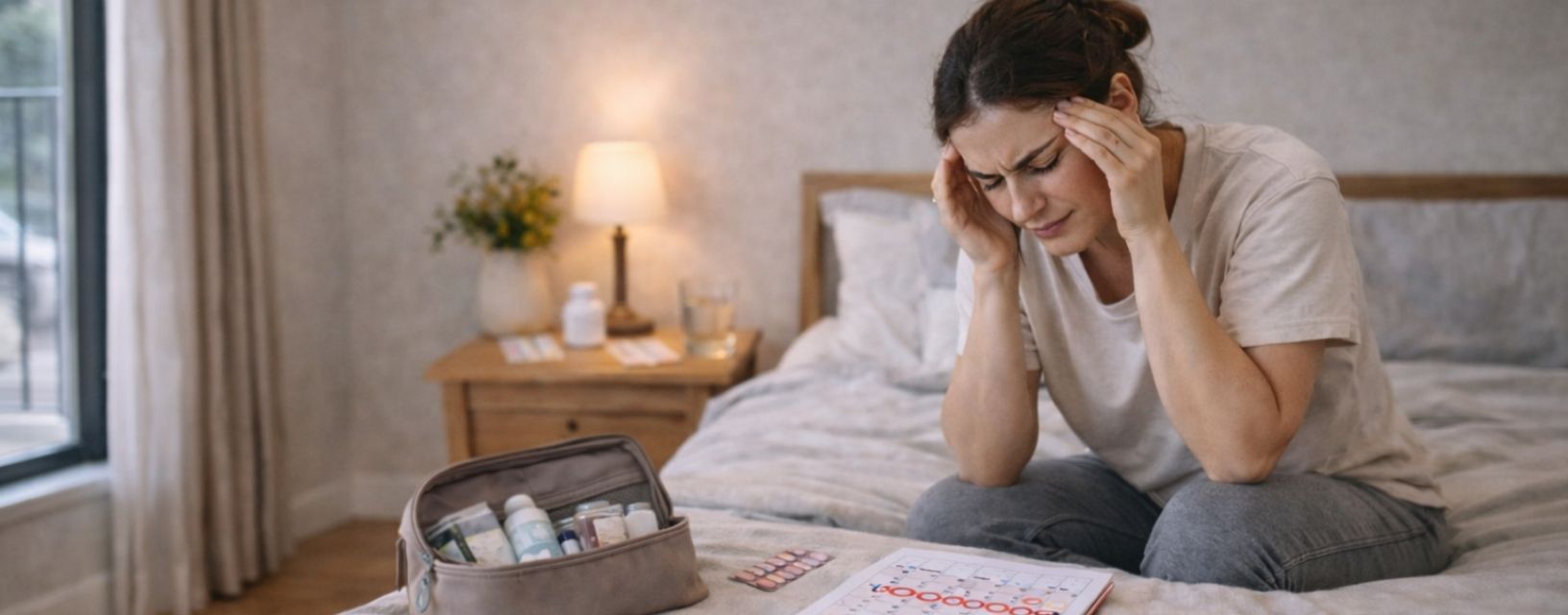 Mulher com dor de cabeça e desconforto durante a menstruação