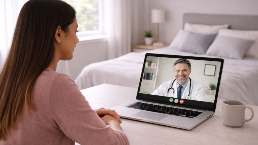 Mulher em consulta online para esclarecimento sobre contracepção