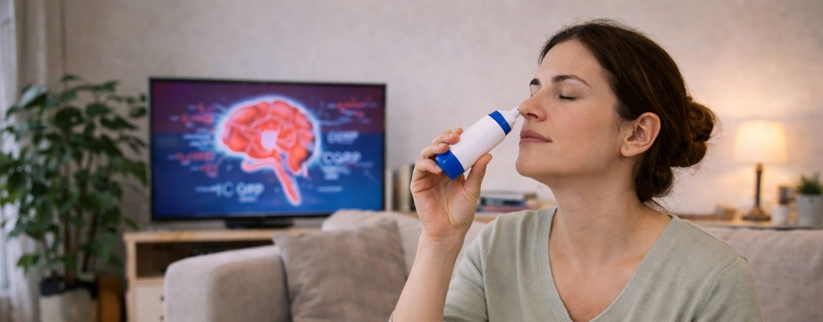 Mulher a utilizar spray nasal como tratamento anti-CGRP para enxaqueca