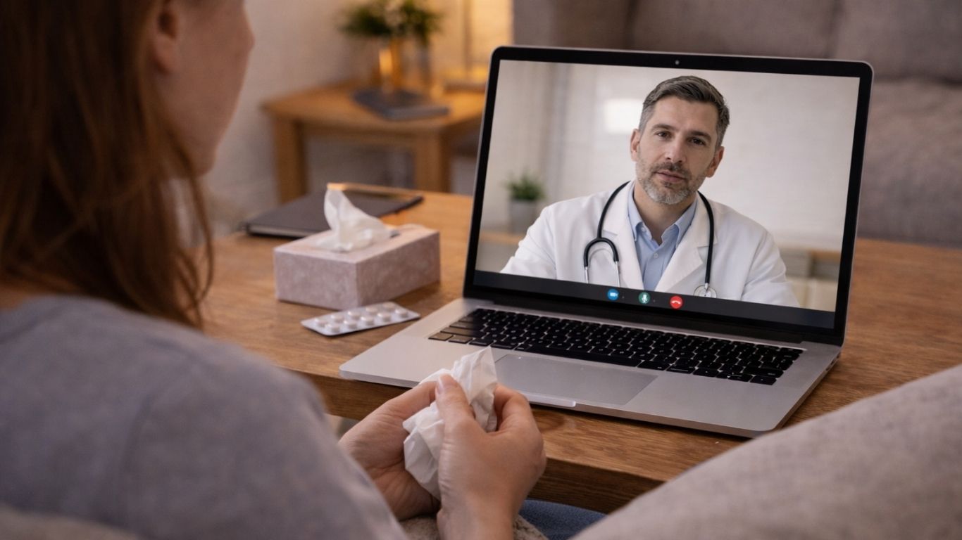 Paciente em consulta online com médico a falar sobre vacinas no computador portátil