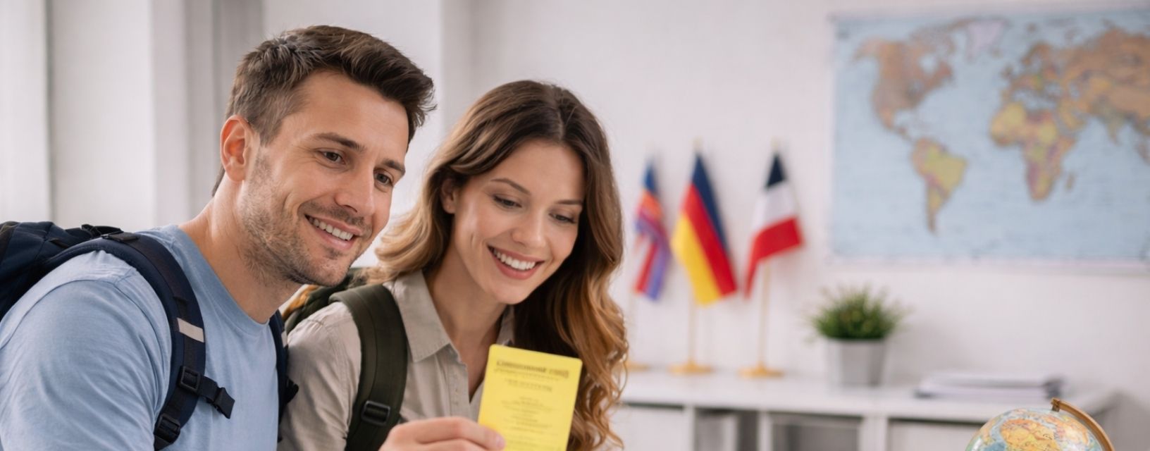 Casal feliz a preparar viagem com passaporte e informação sobre vacinas necessárias