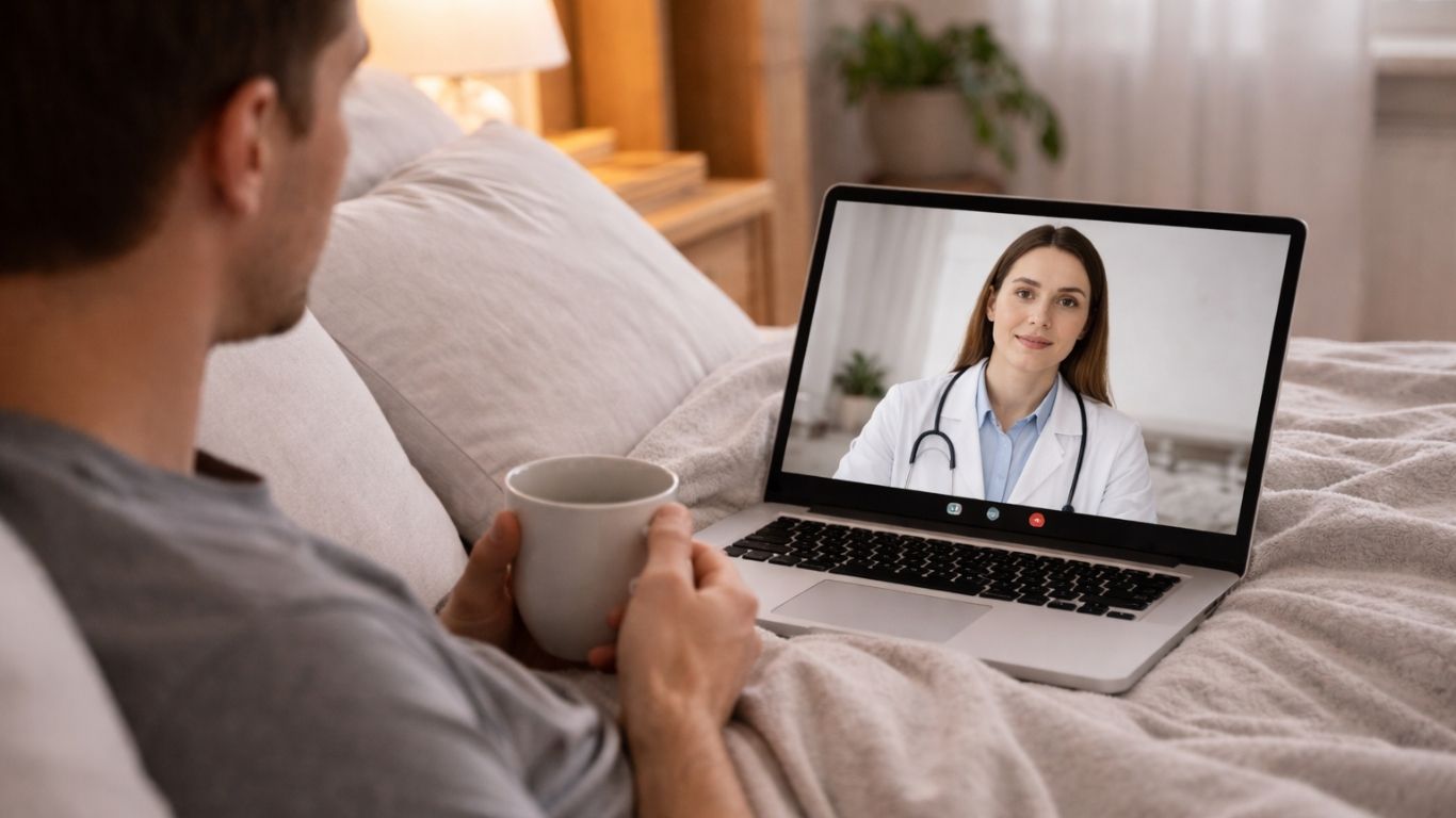 Homem em casa a fazer consulta médica online para avaliar sintomas de doença