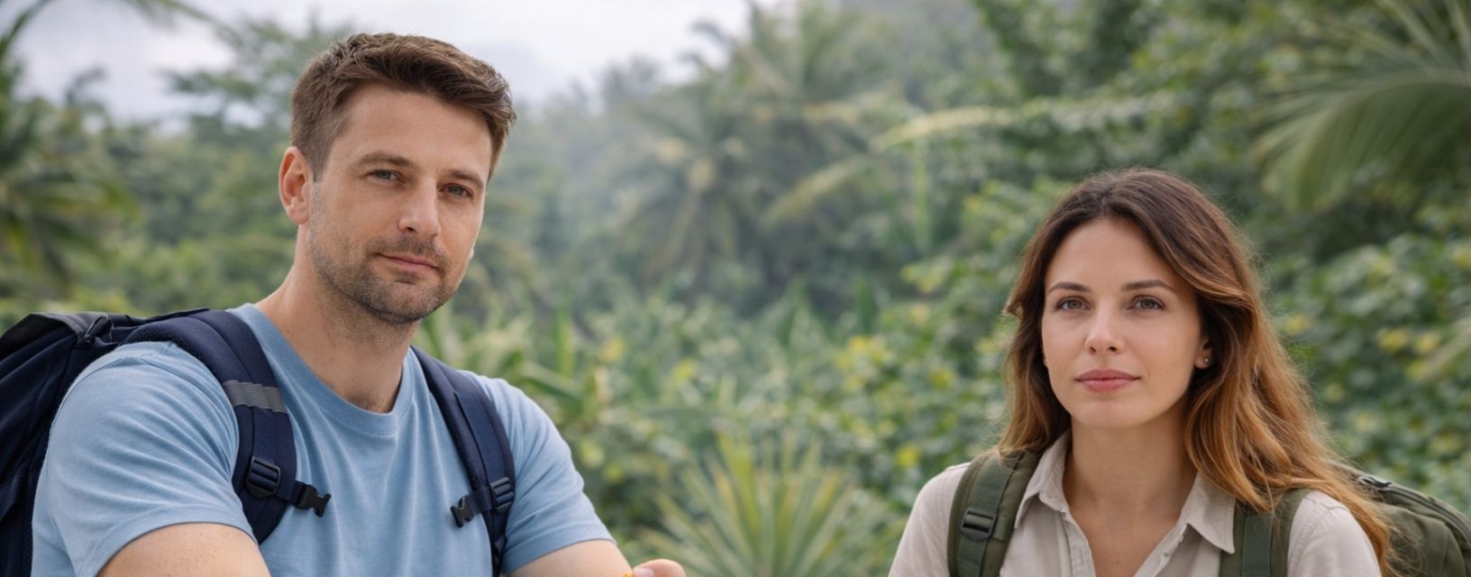 Casal de viajantes em ambiente tropical alerta para riscos de doença durante viagens
