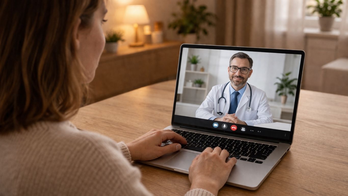 Mulher em casa a realizar consulta médica online para acompanhamento de perda de peso