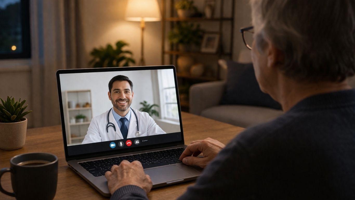 Homem em casa em consulta médica online para acompanhamento de obesidade