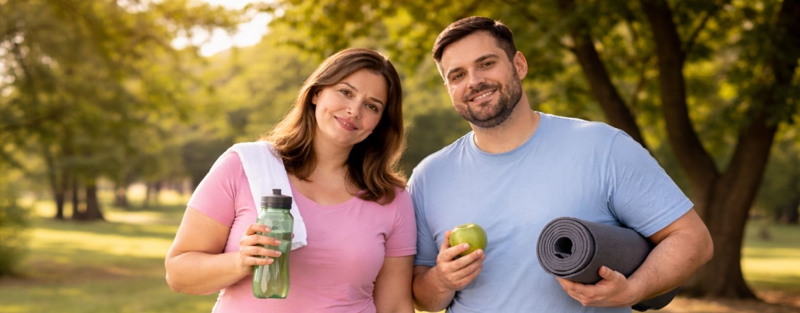Casal ao ar livre com garrafa de água e maçã a promover hábitos contra a obesidade