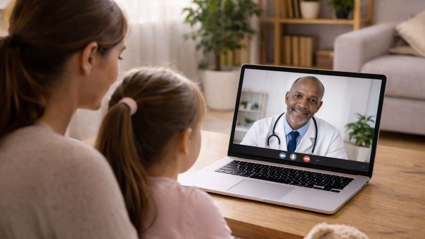 Mãe e filha em casa em consulta médica online para aconselhamento de dieta