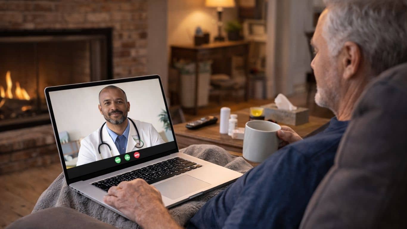 Homem em casa em consulta médica online para tratar infeção urinária