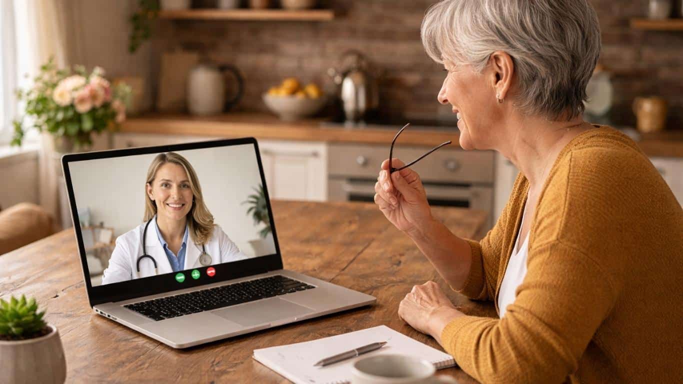 Mulher em casa em consulta médica online para tratar dermatite de contacto