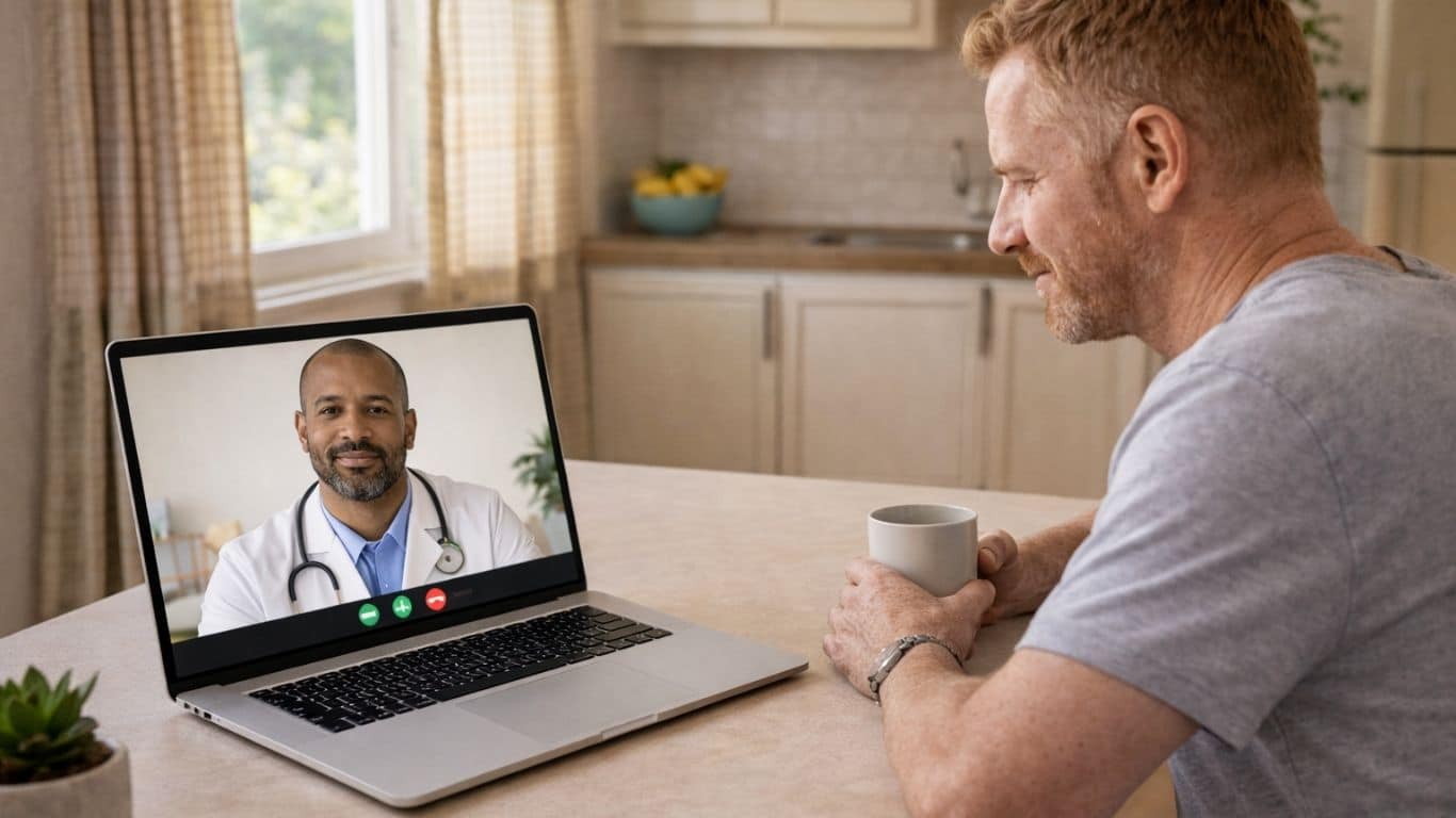 Homem em casa em consulta médica online para orientação sobre medicamentos
