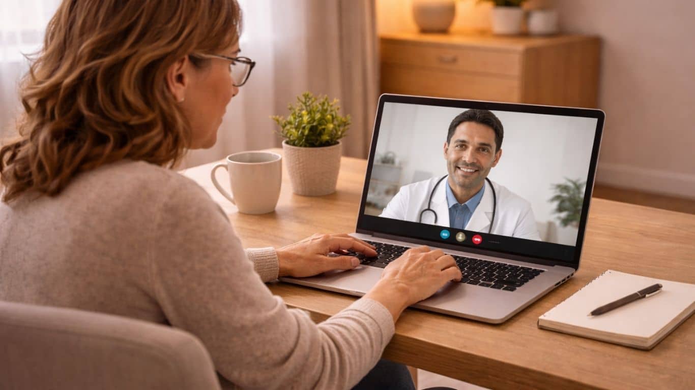 Mulher em casa em consulta médica online para esclarecer efeitos secundários