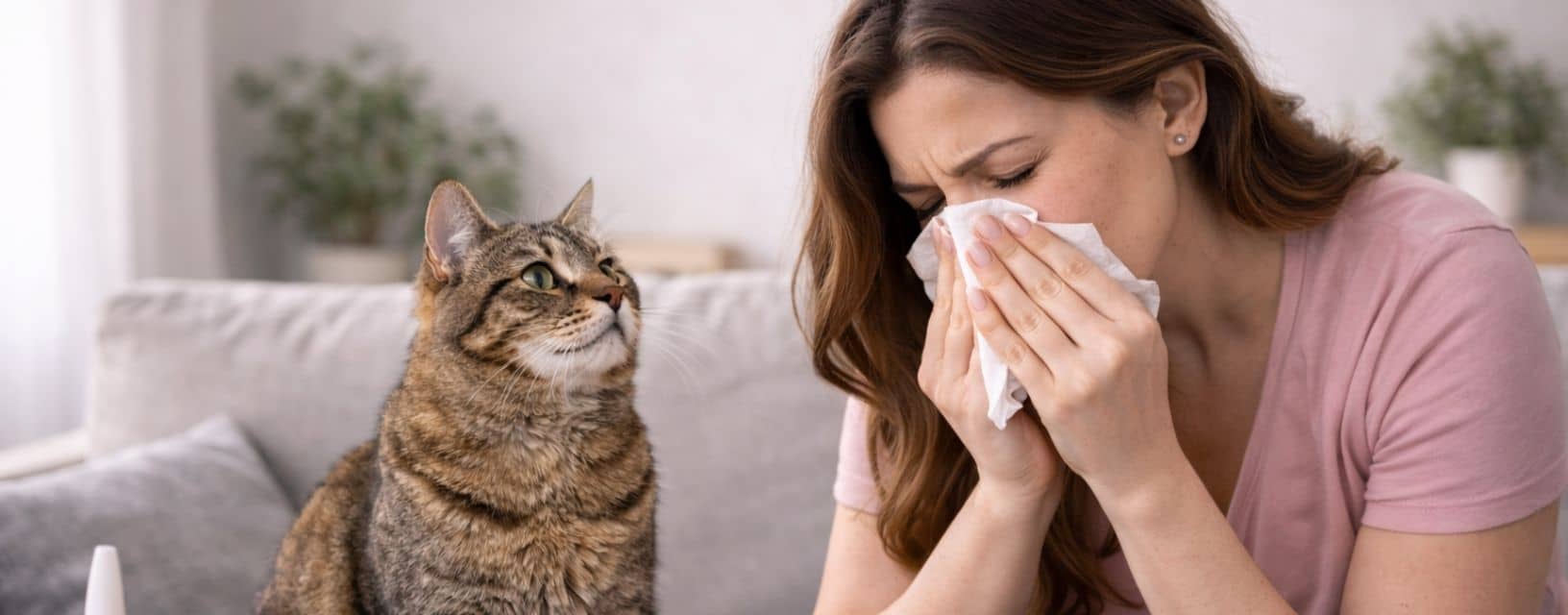 Mulher com reação alérgica ao lado de um gato, associada a alérgenos domésticos