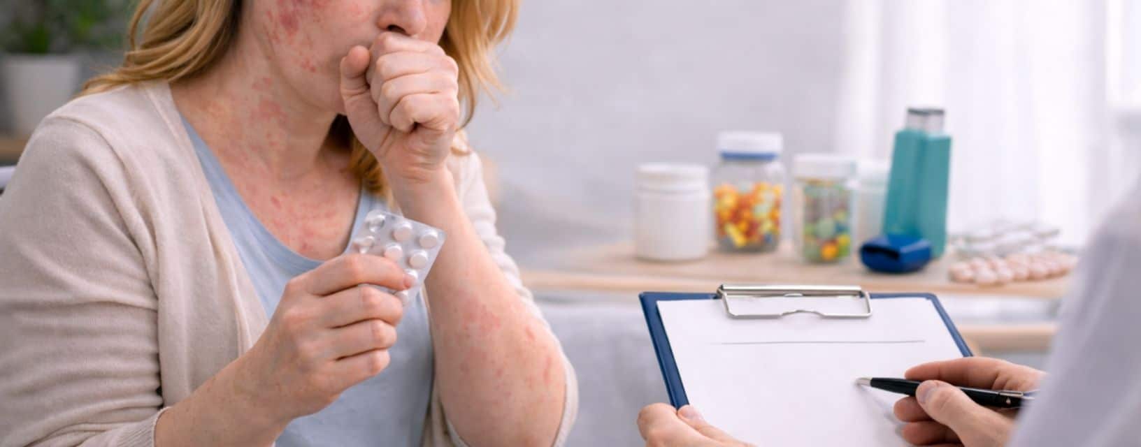 Mulher com reação alérgica na pele após tomar medicamentos