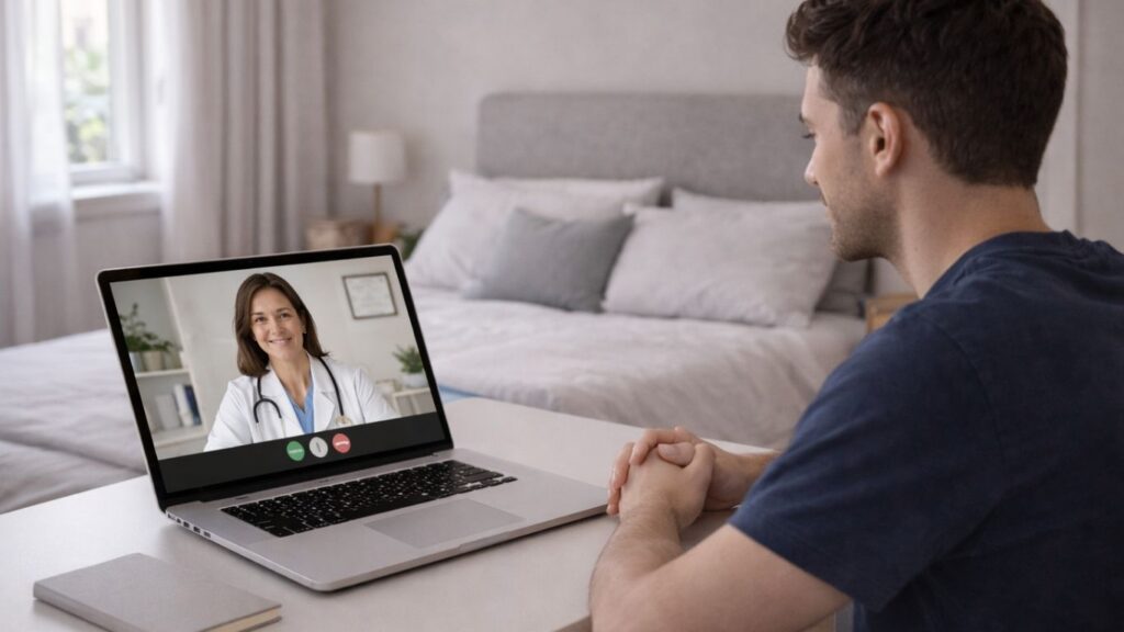 Homem em consulta online com médica para avaliação de ITU